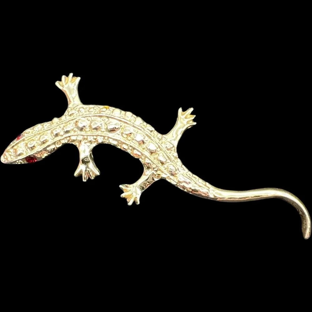 Vintage Lizard Gecko Salamander Gold Tone Red Eyes‎ Signed Gerry Brooch